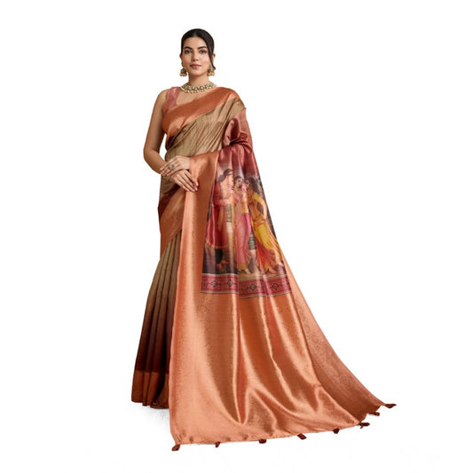 Generic Women's Silk Printed Saree With Unstitched Blouse 5.5Mtr (Peach)