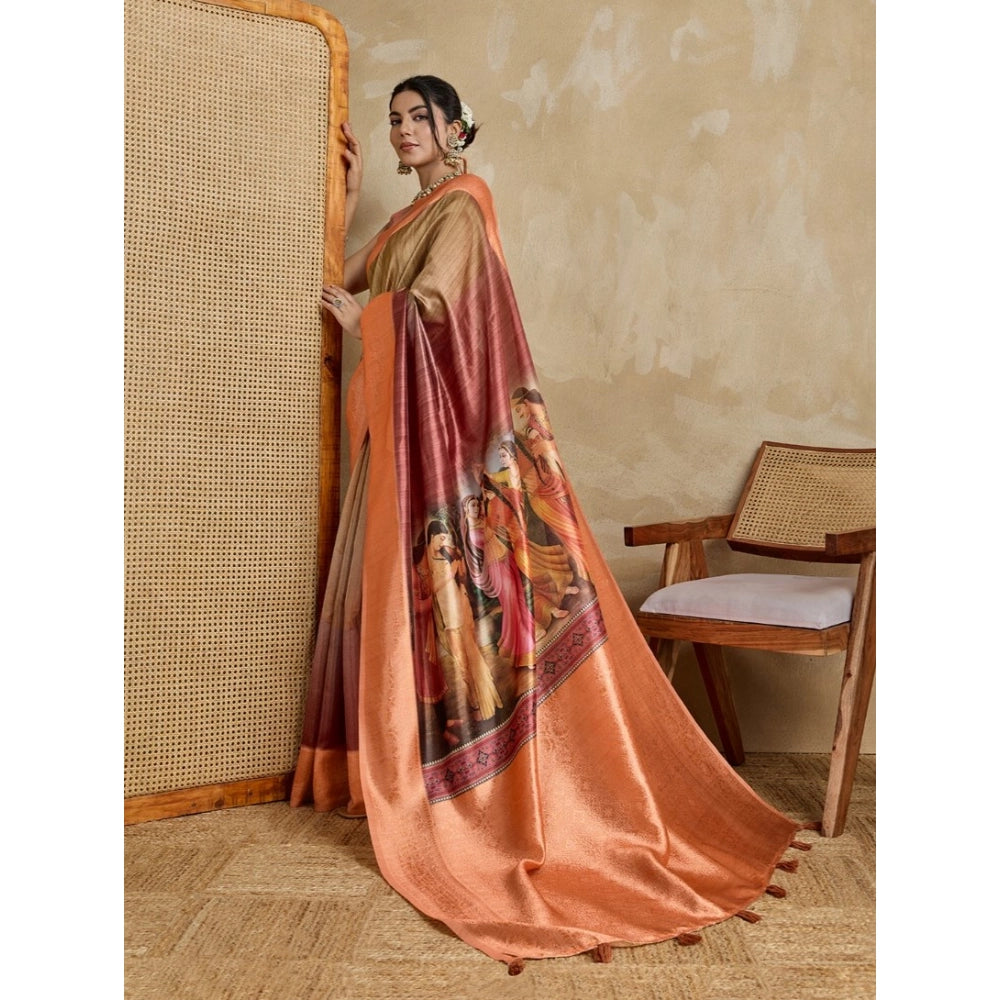 Generic Women's Silk Printed Saree With Unstitched Blouse 5.5Mtr (Peach)