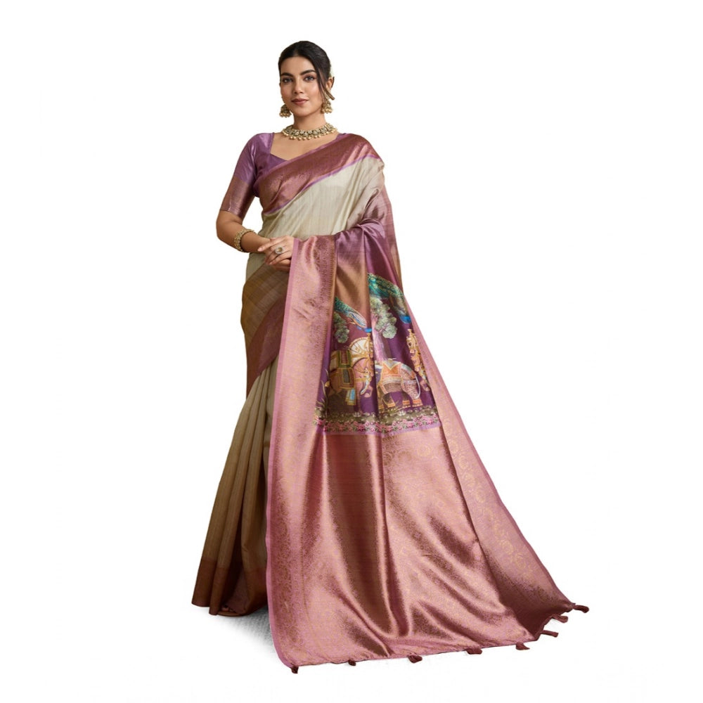 Generic Women's Silk Printed Saree With Unstitched Blouse 5.5Mtr (Wine)
