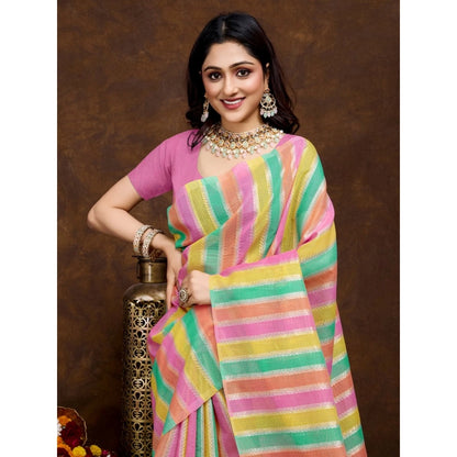 Generic Women's Cotton Blended Printed Saree With Unstitched Blouse 5.5Mtr (Pink)