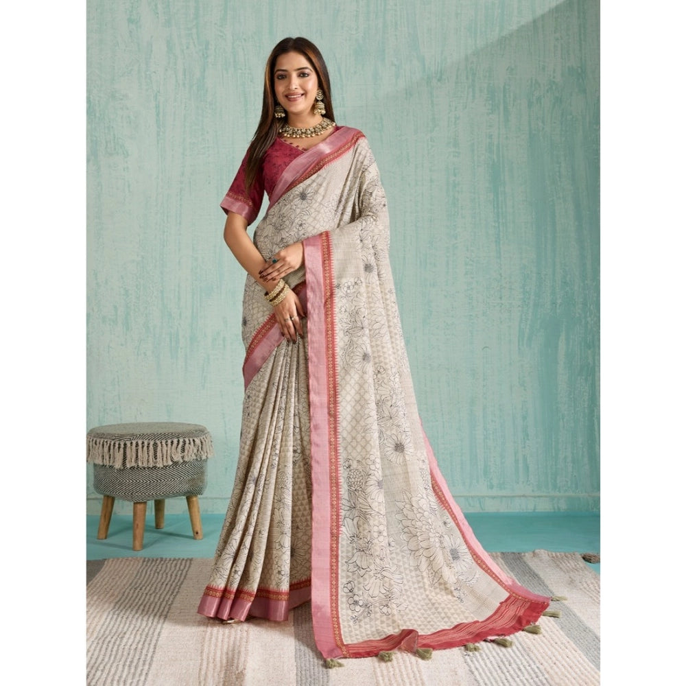 Generic Women's Silk Blend Printed Saree With Unstitched Blouse 5.5Mtr (Beige)