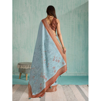 Generic Women's Silk Blend Printed Saree With Unstitched Blouse 5.5Mtr (Blue)