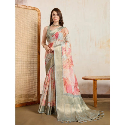 Generic Women's Viscose Printed Saree With Unstitched Blouse 5.5Mtr (Cream)