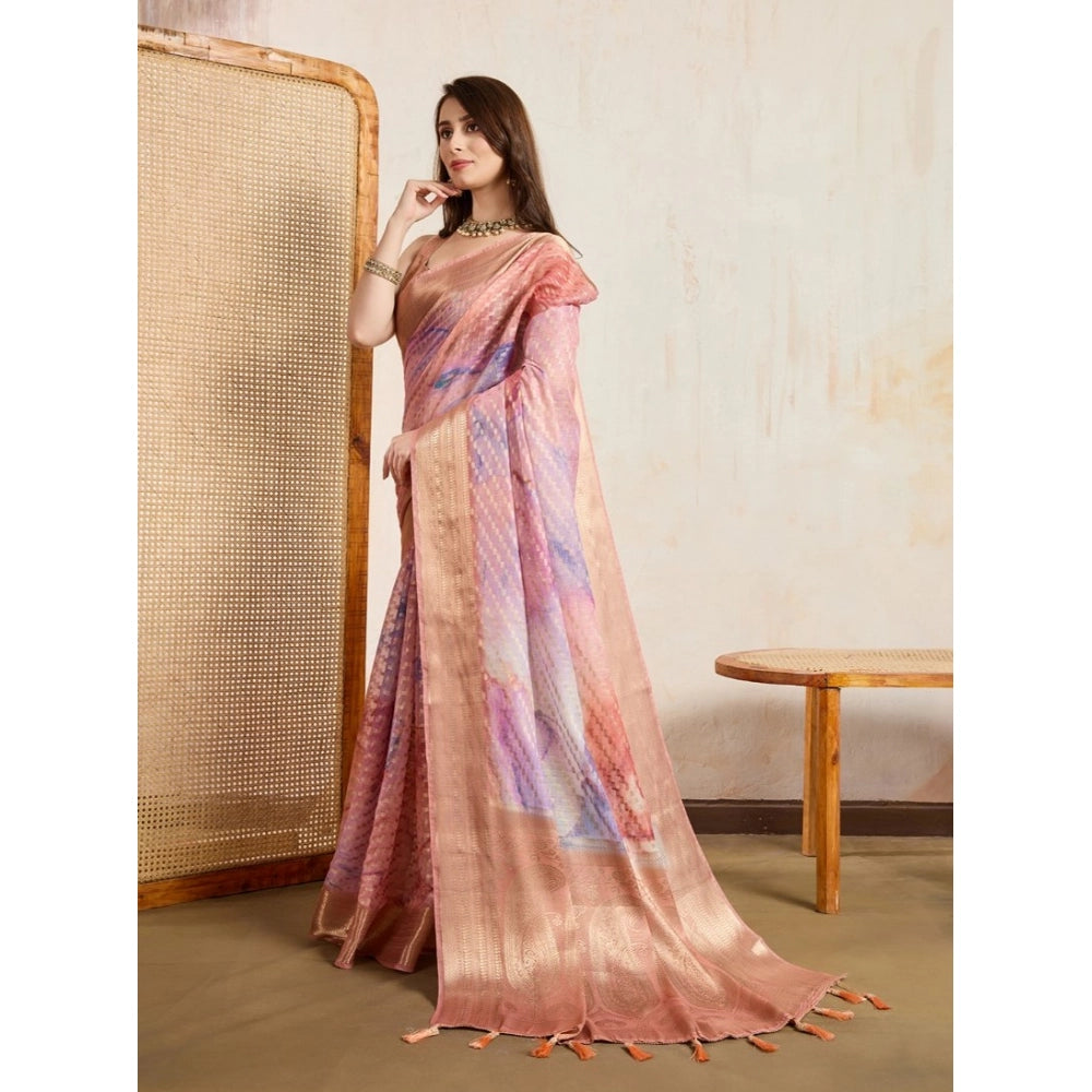 Generic Women's Viscose Printed Saree With Unstitched Blouse 5.5Mtr (Peach)