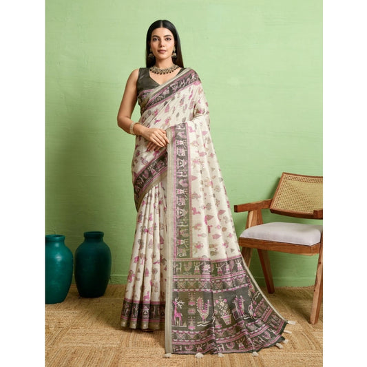 Generic Women's Silk Blend Printed Saree With Unstitched Blouse 5.5Mtr (Off White)