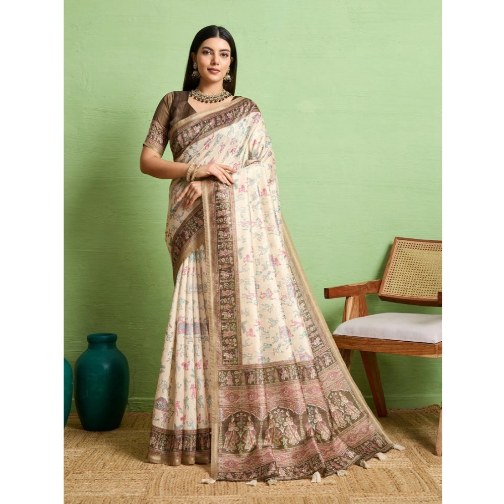 Generic Women's Silk Blend Printed Saree With Unstitched Blouse 5.5Mtr (Cream)