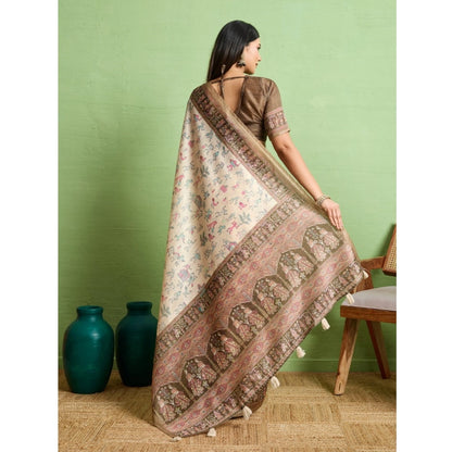 Generic Women's Silk Blend Printed Saree With Unstitched Blouse 5.5Mtr (Cream)