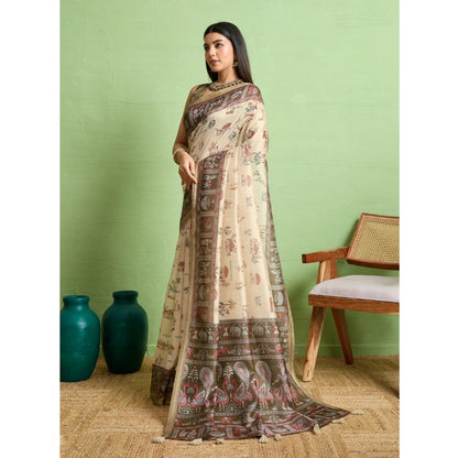 Generic Women's Silk Blend Printed Saree With Unstitched Blouse 5.5Mtr (Cream)