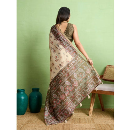 Generic Women's Silk Blend Printed Saree With Unstitched Blouse 5.5Mtr (Cream)