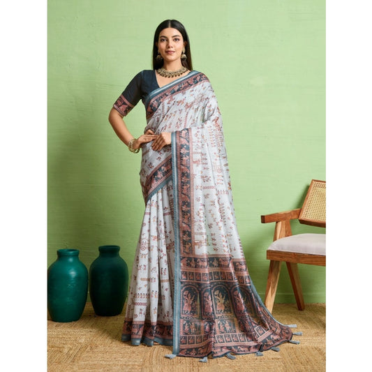 Generic Women's Silk Blend Printed Saree With Unstitched Blouse 5.5Mtr (Grey)