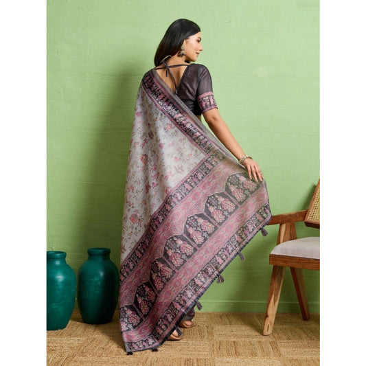 Generic Women's Silk Blend Printed Saree With Unstitched Blouse 5.5Mtr (Grey)