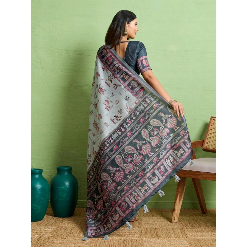 Generic Women's Silk Blend Printed Saree With Unstitched Blouse 5.5Mtr (Grey)