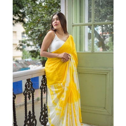 Generic Women's Linen Printed Saree With Unstitched Blouse 5.5Mtr (Yellow)