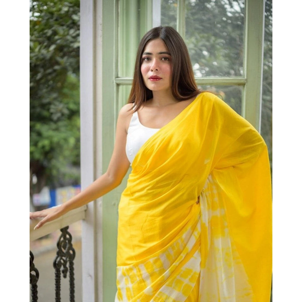 Generic Women's Linen Printed Saree With Unstitched Blouse 5.5Mtr (Yellow)