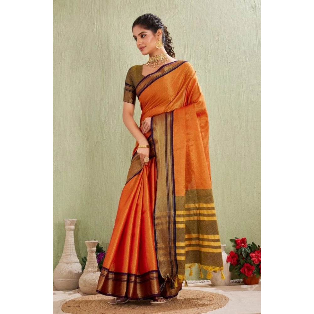 Generic Women's Silk Blended Jaquard Woven Saree With Unstitched Blouse 5.5Mtr (Orange)
