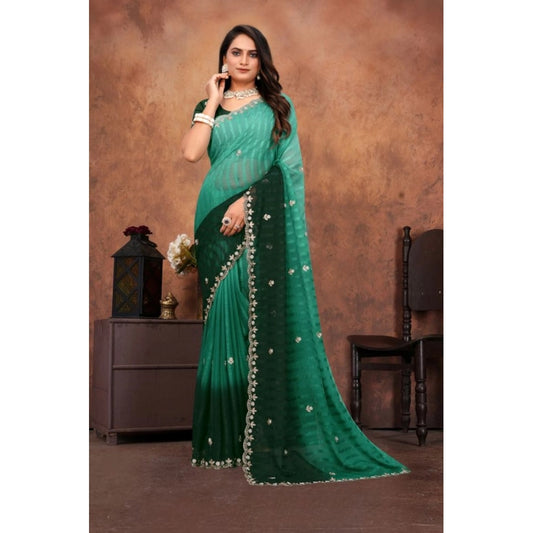 Generic Women's Chiffon Embroidred Saree With Unstitched Blouse 5.5Mtr (Dark Green)