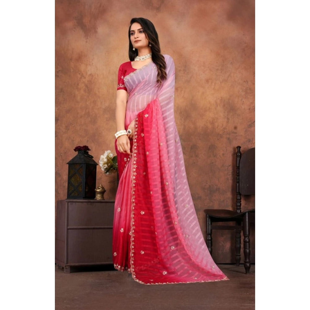 Generic Women's Chiffon Embroidred Saree With Unstitched Blouse 5.5Mtr (Pink)