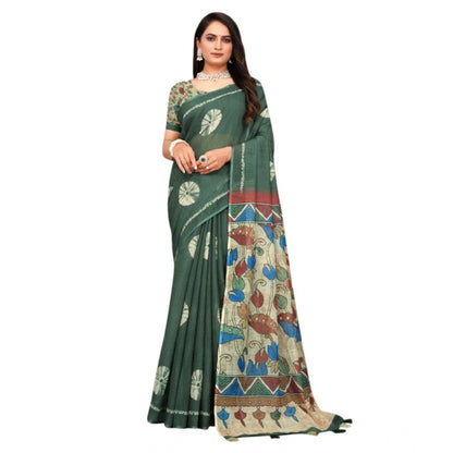 Generic Women's Linen Printed Saree With Unstitched Blouse 5.5Mtr (Dark Green)