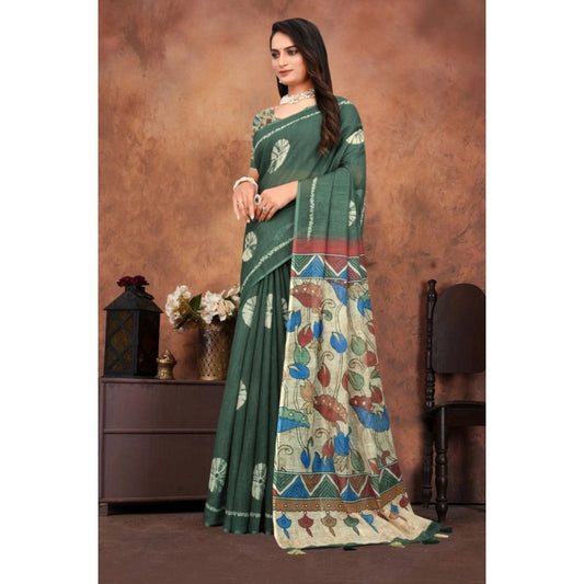 Generic Women's Linen Printed Saree With Unstitched Blouse 5.5Mtr (Dark Green)