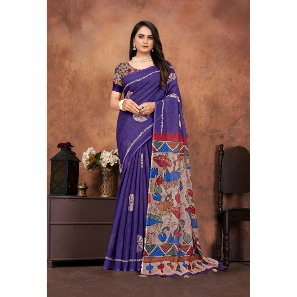Generic Women's Linen Printed Saree With Unstitched Blouse 5.5Mtr (Purple)