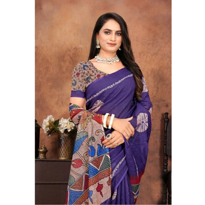 Generic Women's Linen Printed Saree With Unstitched Blouse 5.5Mtr (Purple)