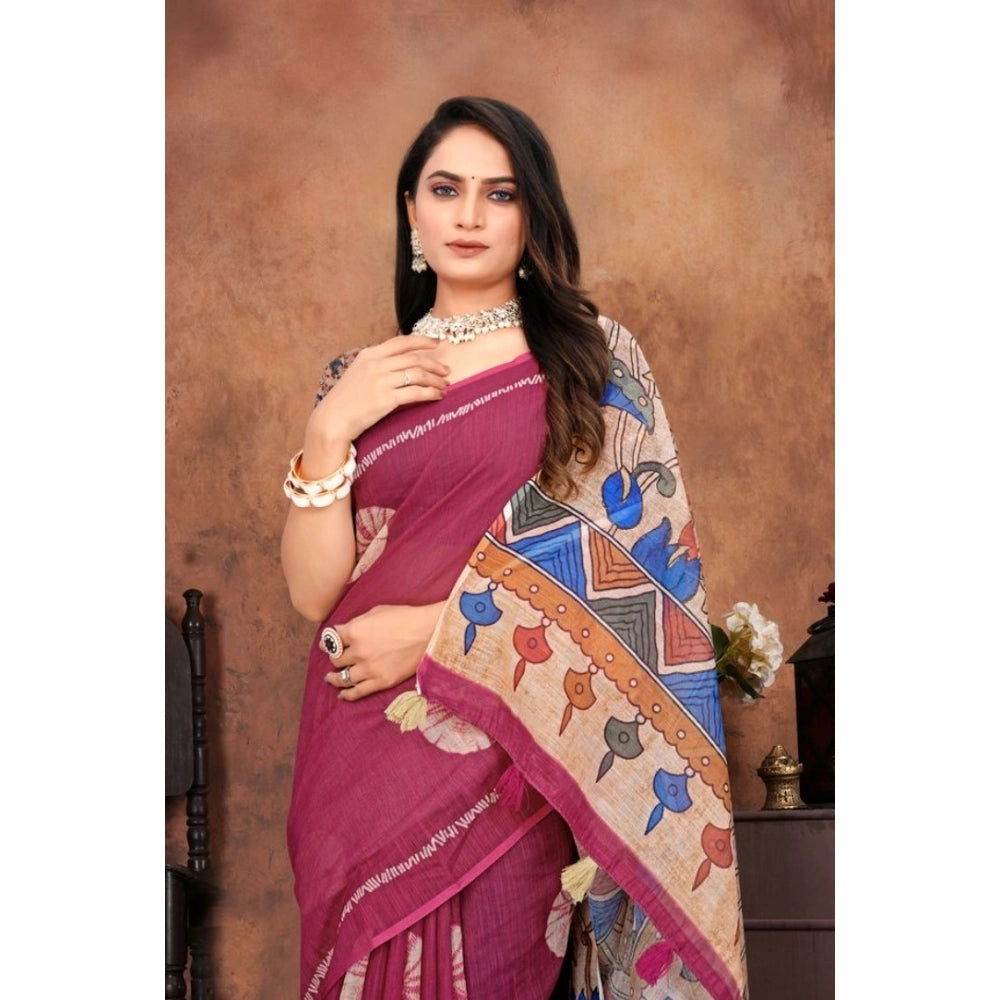 Generic Women's Linen Printed Saree With Unstitched Blouse 5.5Mtr (Purple)