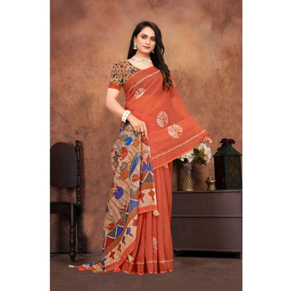 Generic Women's Linen Printed Saree With Unstitched Blouse 5.5Mtr (Red)