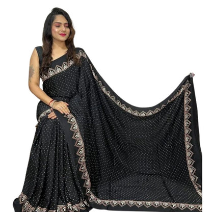Generic Women's Satin Printed Saree With Unstitched Blouse 5.5Mtr (Black)