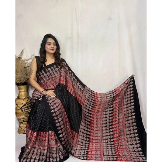 Generic Women's Satin Printed Saree With Unstitched Blouse 5.5Mtr (Black)