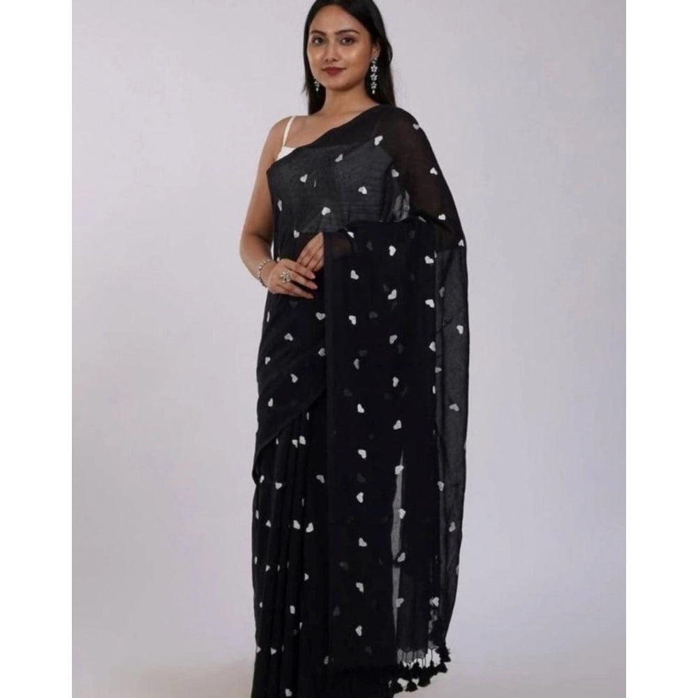 Generic Women's Linen Printed Saree With Unstitched Blouse 5.5Mtr (Black)