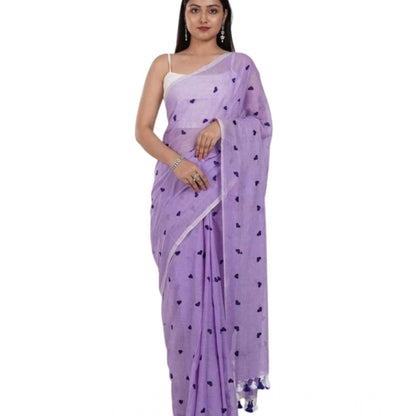 Generic Women's Linen Printed Saree With Unstitched Blouse 5.5Mtr (Purple)