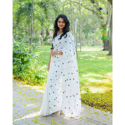 Generic Women's Linen Printed Saree With Unstitched Blouse 5.5Mtr (White)