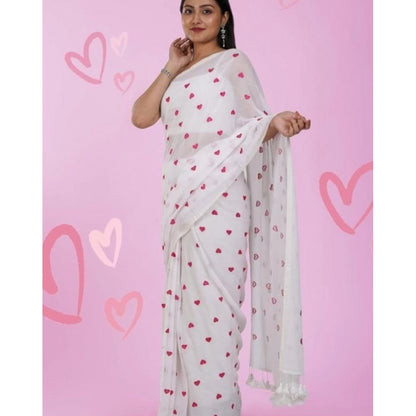 Generic Women's Linen Printed Saree With Unstitched Blouse 5.5Mtr (White)