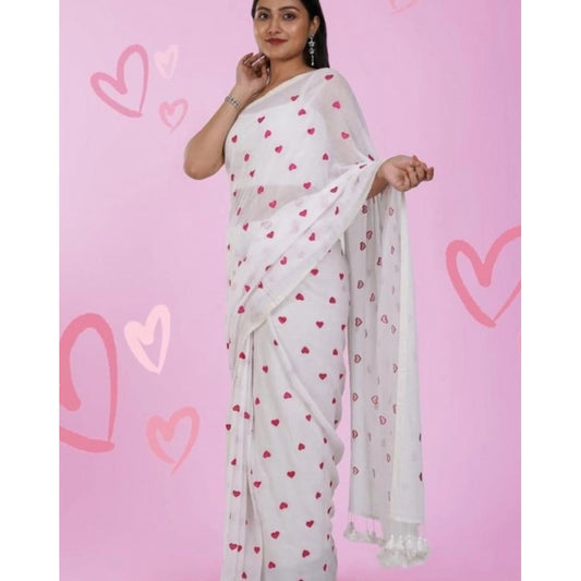 Generic Women's Linen Printed Saree With Unstitched Blouse 5.5Mtr (White)