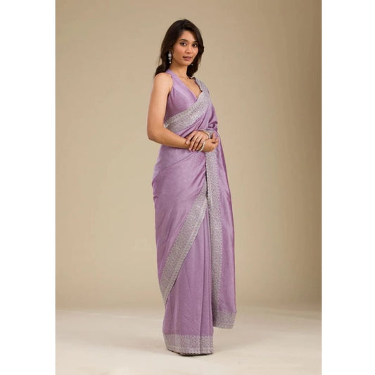 Generic Women's Silk Embroidred Saree With Unstitched Blouse 5.5Mtr (Purple)