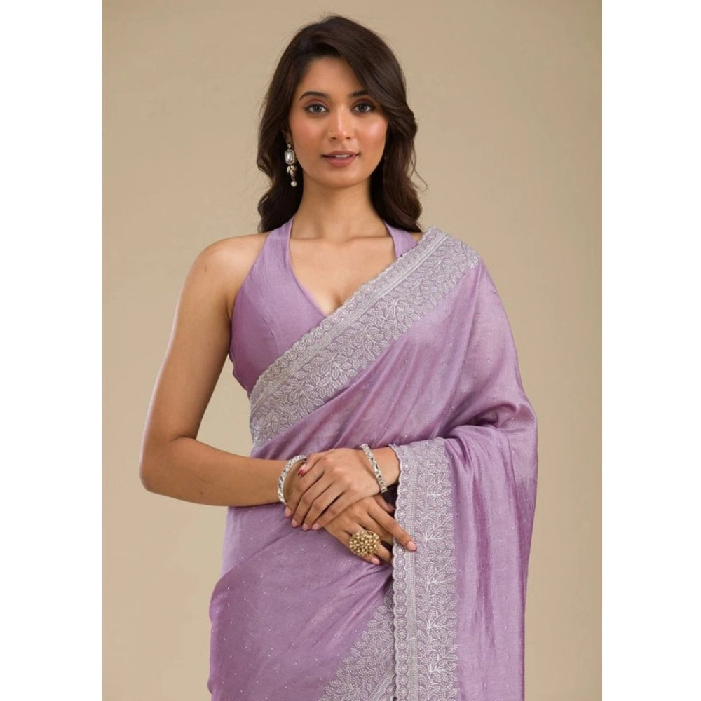 Generic Women's Silk Embroidred Saree With Unstitched Blouse 5.5Mtr (Purple)