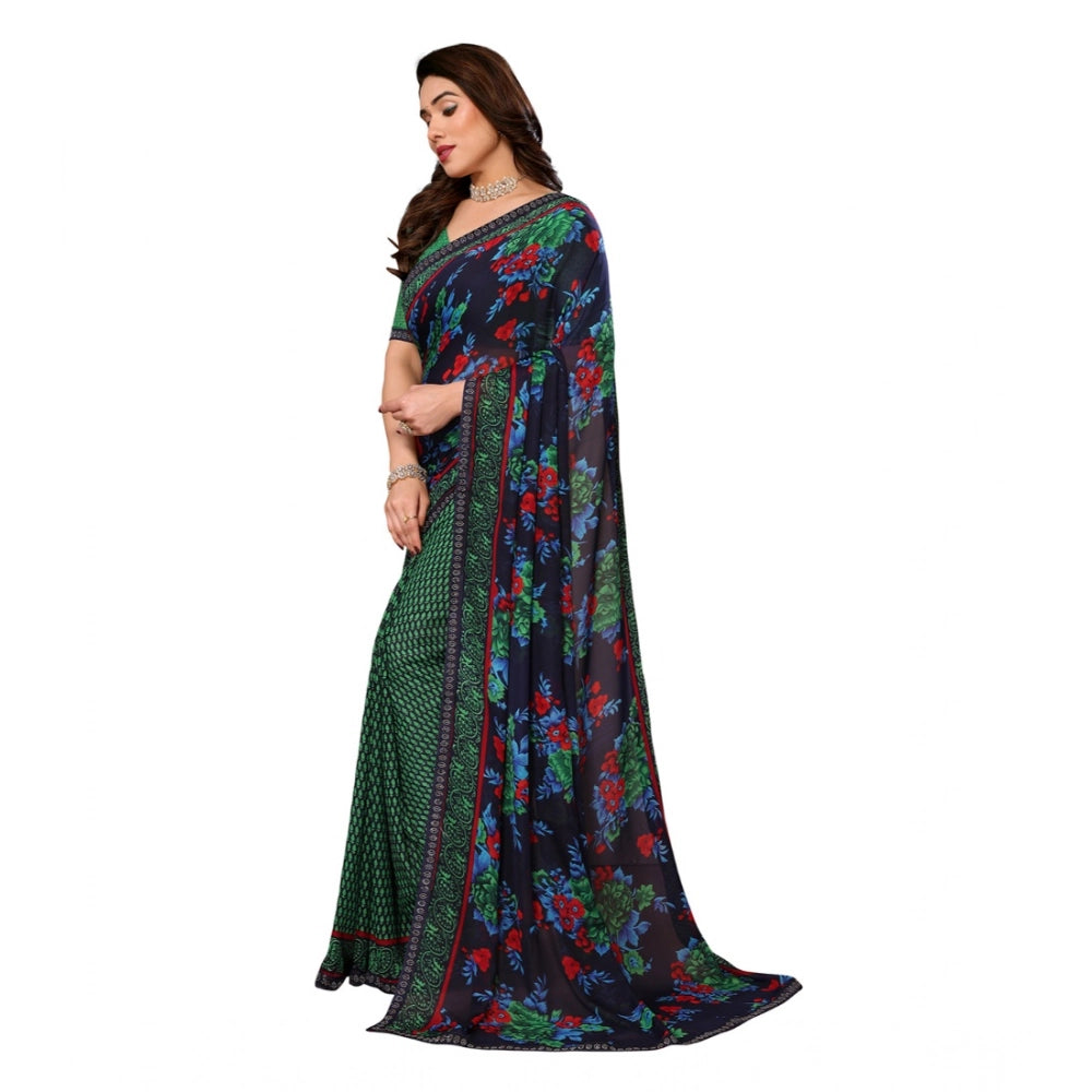 Generic Women's Georgette Printed Saree With Unstitched Blouse 5.5Mtr (Green)