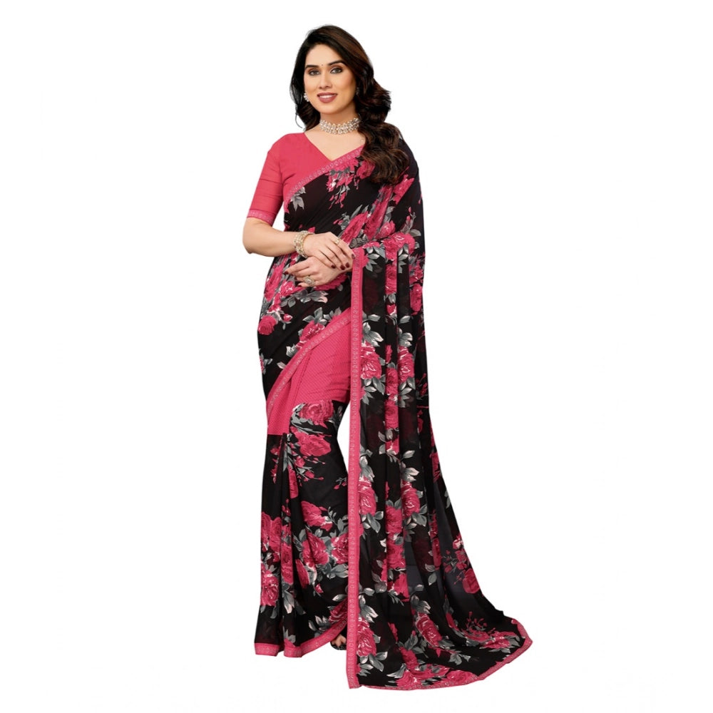 Generic Women's Georgette Printed Saree With Unstitched Blouse 5.5Mtr (Pink)