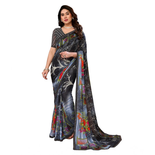 Generic Women's Georgette Printed Saree With Unstitched Blouse 5.5Mtr (Black)