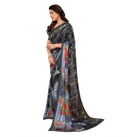 Generic Women's Georgette Printed Saree With Unstitched Blouse 5.5Mtr (Black)