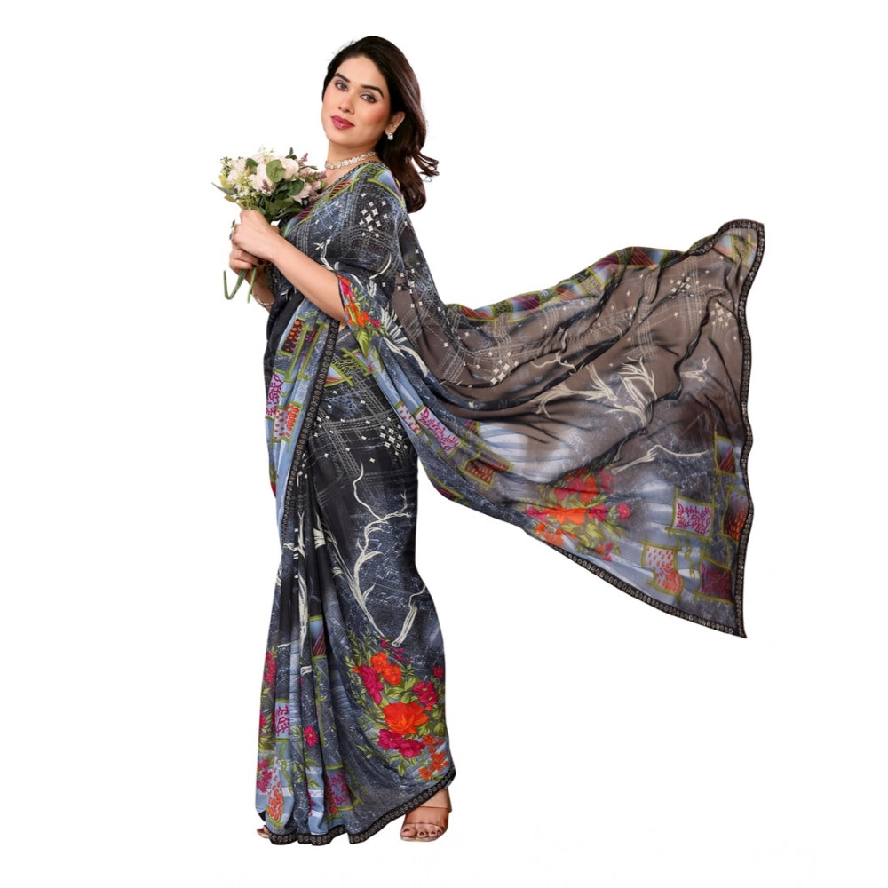 Generic Women's Georgette Printed Saree With Unstitched Blouse 5.5Mtr (Black)