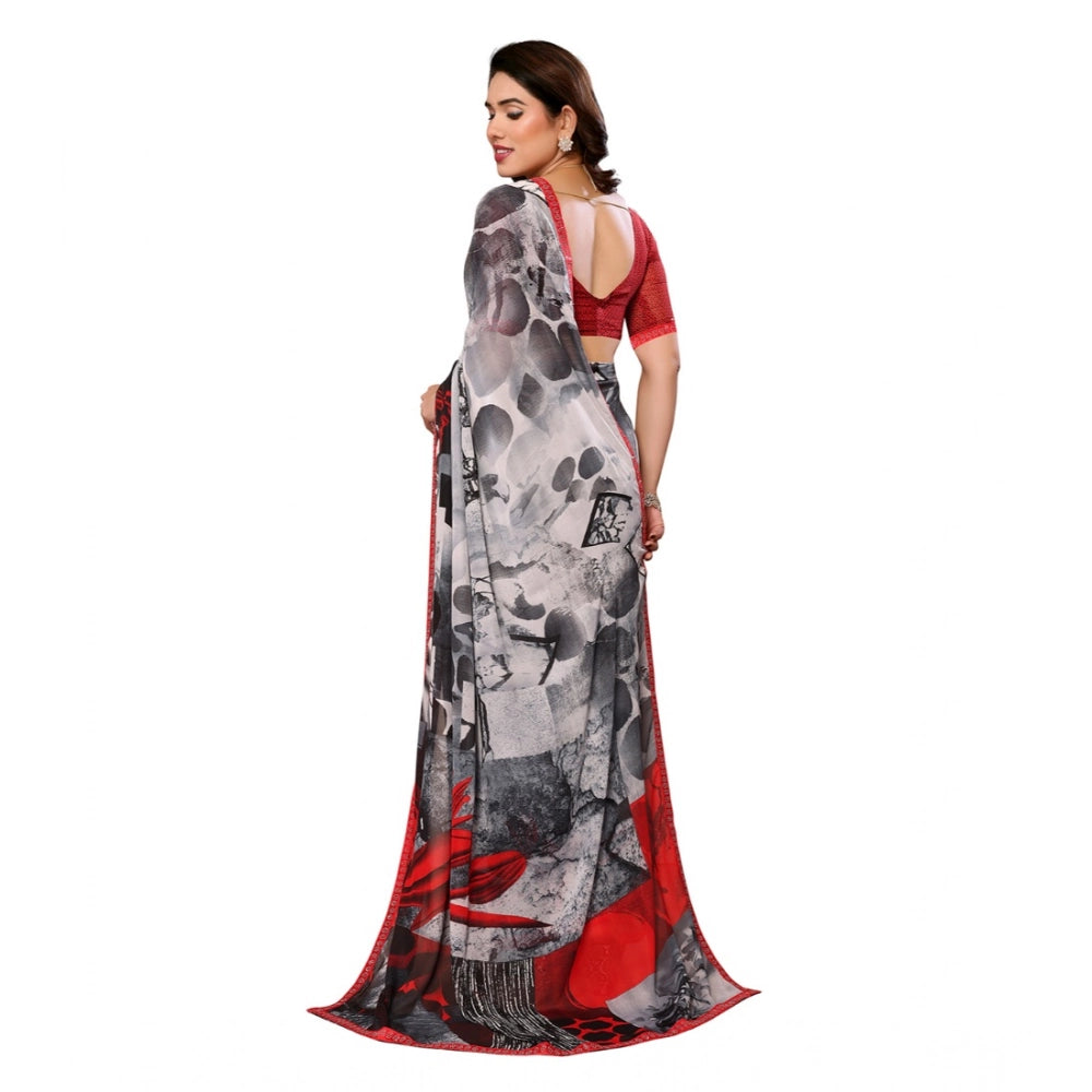 Generic Women's Georgette Printed Saree With Unstitched Blouse 5.5Mtr (Red)