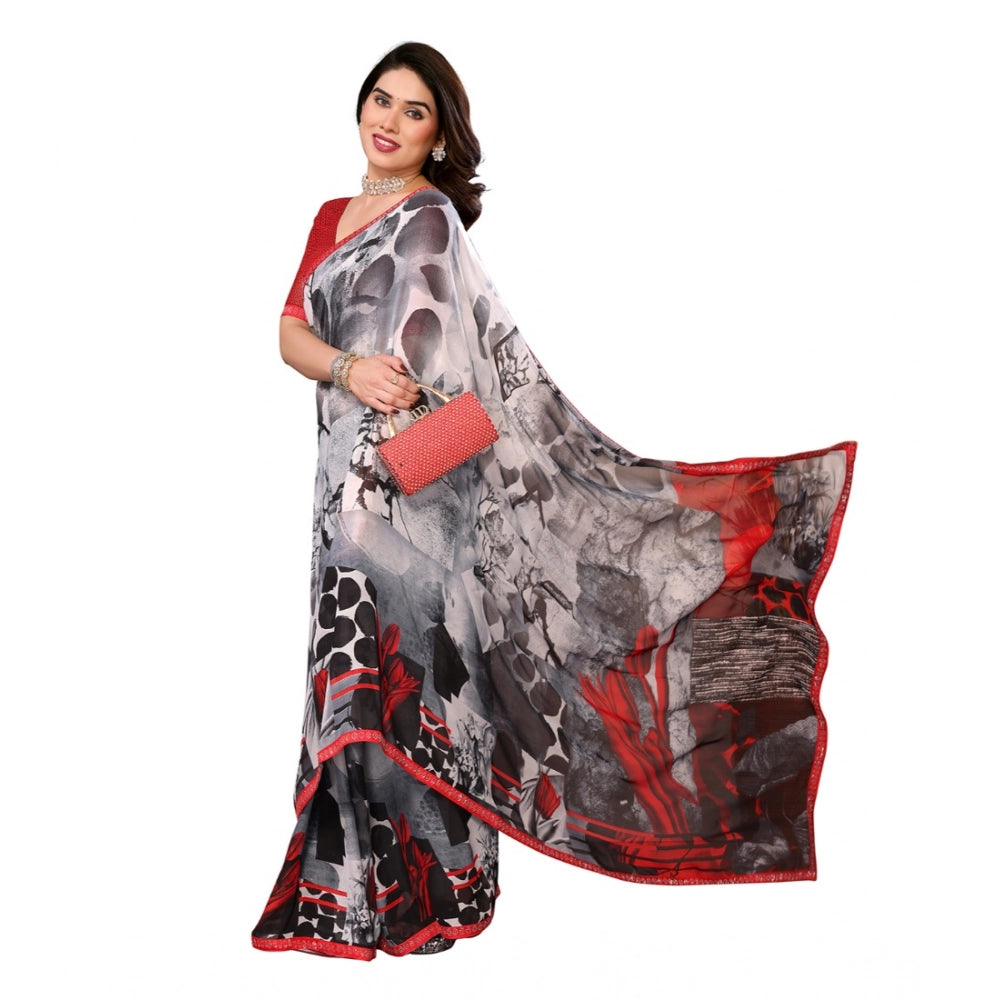 Generic Women's Georgette Printed Saree With Unstitched Blouse 5.5Mtr (Red)