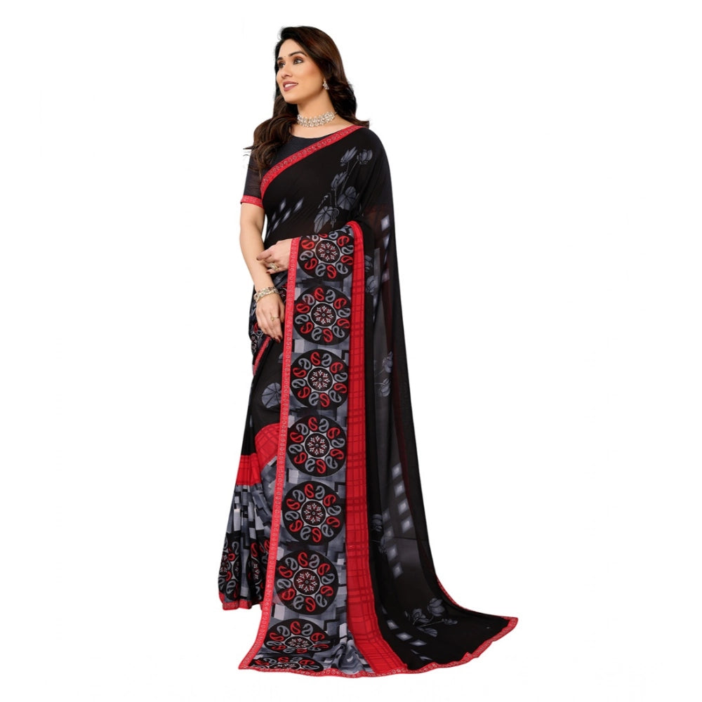 Generic Women's Georgette Printed Saree With Unstitched Blouse 5.5Mtr (Black)