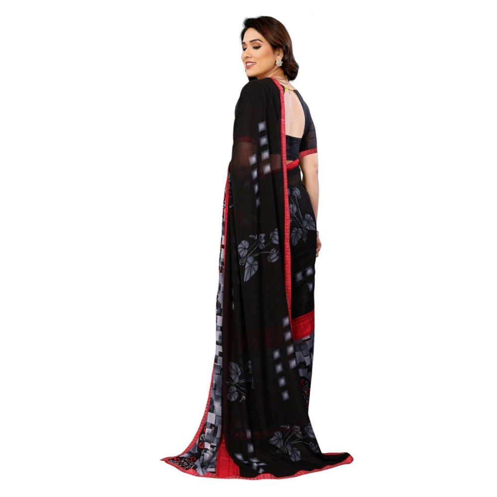 Generic Women's Georgette Printed Saree With Unstitched Blouse 5.5Mtr (Black)
