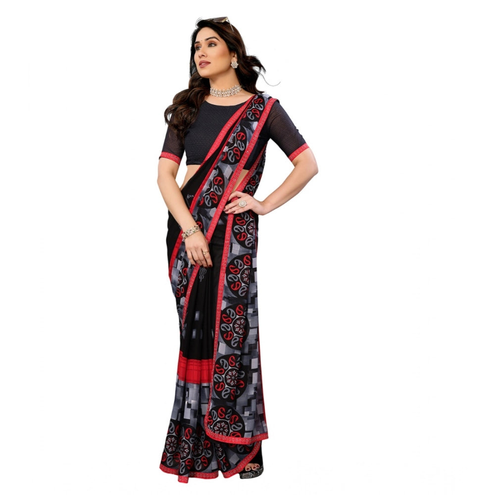 Generic Women's Georgette Printed Saree With Unstitched Blouse 5.5Mtr (Black)