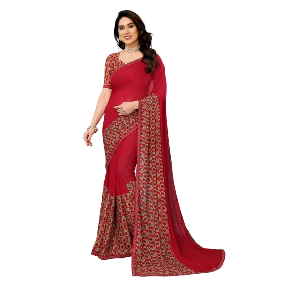 Generic Women's Georgette Printed Saree With Unstitched Blouse 5.5Mtr (Red)