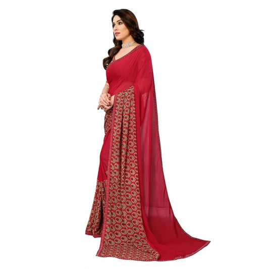 Generic Women's Georgette Printed Saree With Unstitched Blouse 5.5Mtr (Red)