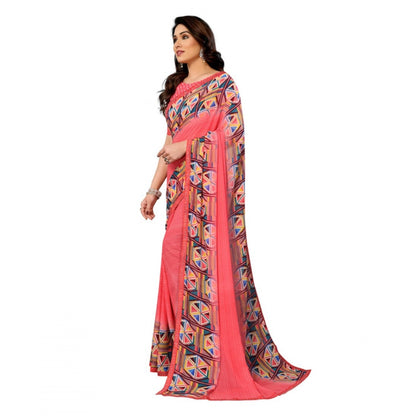 Generic Women's Georgette Printed Saree With Unstitched Blouse 5.5Mtr (Pink)
