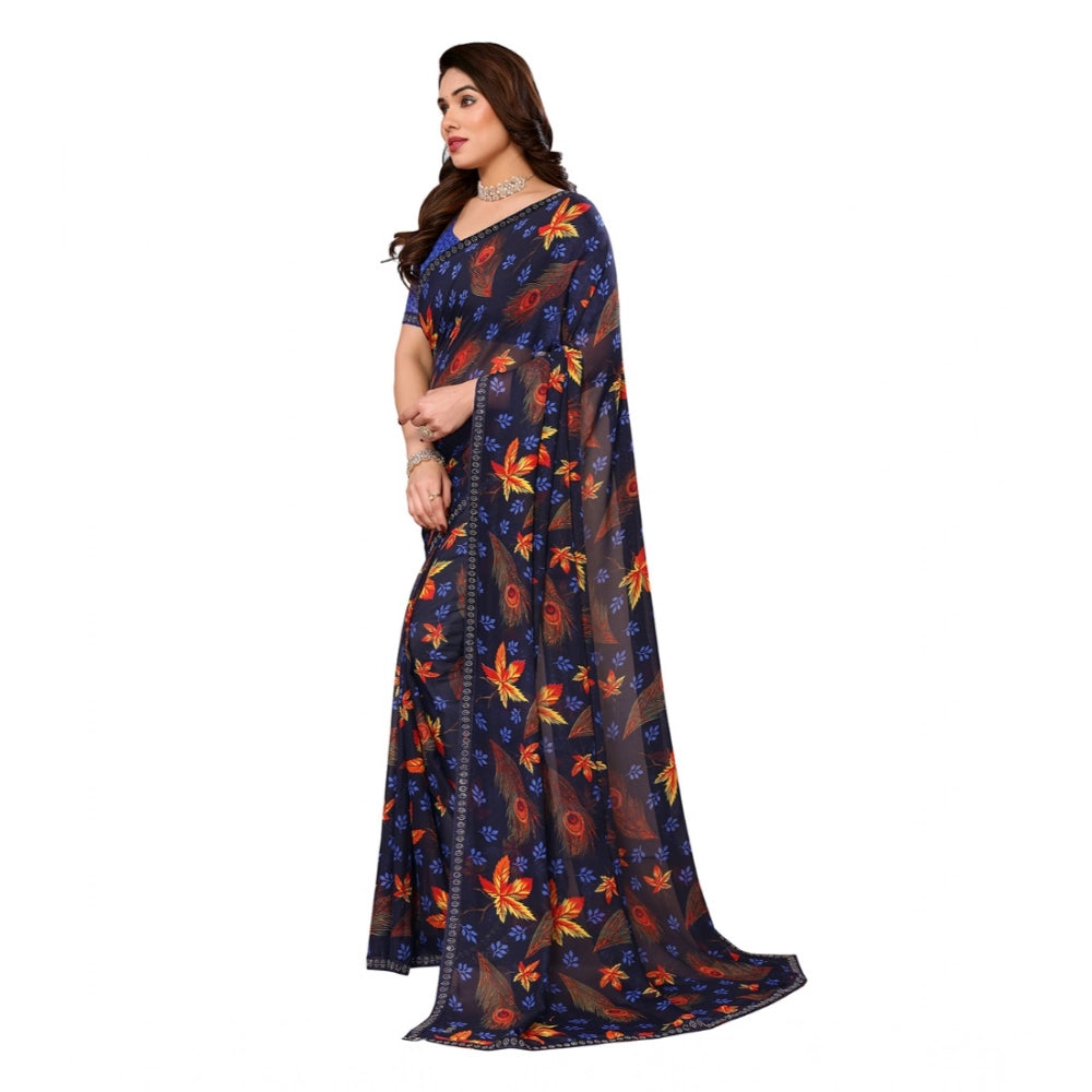 Generic Women's Georgette Printed Saree With Unstitched Blouse 5.5Mtr (Blue)